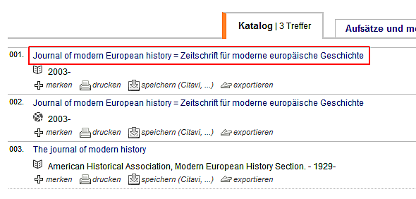 Screenshot eingeschränkte Trefferliste