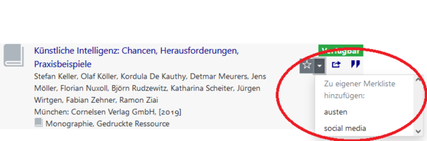 Ausklappmenü neben dem Merken-Button Ausklappmenü neben dem Merken-Button