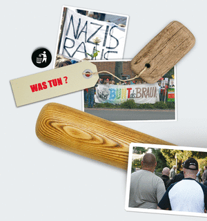 Demokratie stärken Bild Baseballschläger, faschistische und Anti-faschischte Symbole