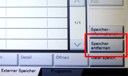 Display on touch-screen "Speicher entfernen" (remove memory stick) Display on touch-screen "Speicher entfernen" (remove memory stick)