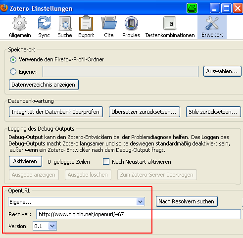Beispiel: Einstellungen der OpenURL-Schnittstelle bei Zotero