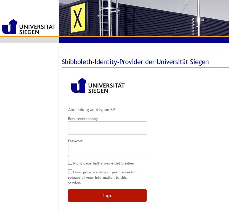 Einlogmaske für Shibboleth