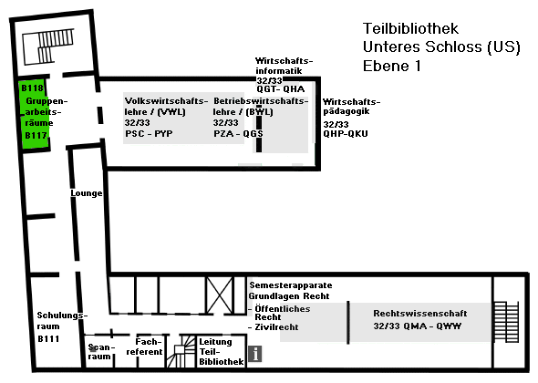 Übersichtsplan Unteres Schloss, Gruppenarbeitsräume in Ebene 1