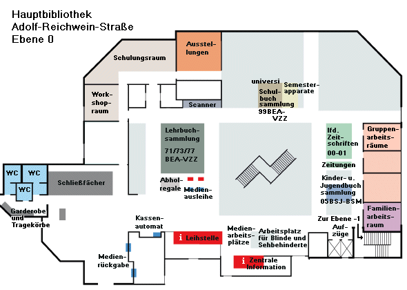 Übersichtsplan AR Ebene 0 - Lehrbuchsammlung, Schulbuchsammlung, Kinder- und Jugendliteratur, Semesterapparate