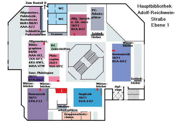 Übersichtsplan AR Ebene 1, Allgemeines, Anglistik, Germanistik, Romanistik, Allgemeine Sprach- und Literturwissenschaften, Philosophie, Zeitschriften