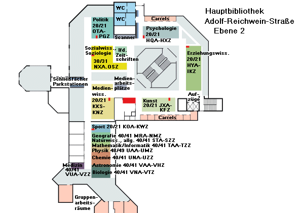 Übersichtsplan AR Ebene 2, Psychologie, Erziehungswiss., Kunst, Medienwiss., Sport, Sozialwiss., Politik, Geographie, Naturwiss., Biologie, Chemie, Zeitschriften