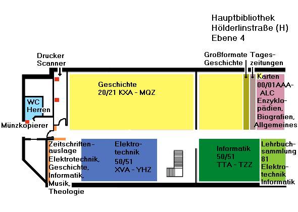 Übersichtsplan H Ebene 4, Geschichte, Informatik, Elektrotechnik, Zeitschriften, Kopierer