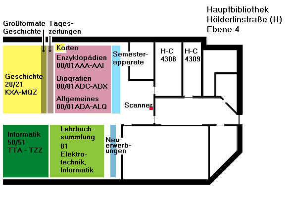 Übersichtsplan H Ebene 4, Lehrbuchsammlung, Tageszeitungen, Neuerwerbungen, Semesterapparate, Allgemeines, Ausleihe