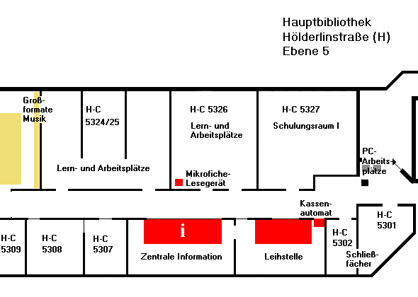 Übersichtsplan H Ebene 5, Ausleihe, Zentrale Information, Schulungsraum I