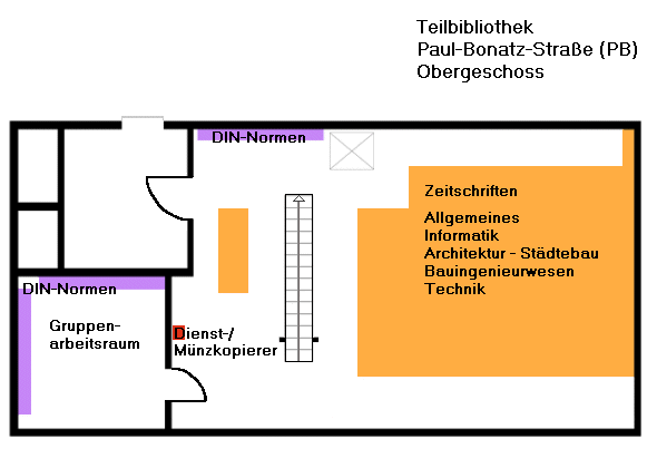 Übersichtsplan PB Obergeschoss, Zeitschriften, DIN-Normen, Gruppenarbeitsraum