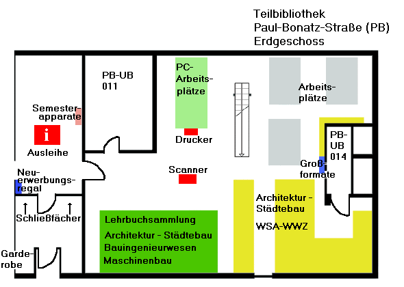 Übersichtsplan PB Erdgeschoss, Lehrbuchsammlung, Architektur - Städtebau, Ausleihe, Semesterapparate