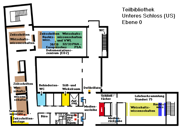 Übersichtsplan US Ebene 0, Rechtswissenschaft, EDZ, Zeitschriften, Wirtschaftswissenschaften, Semesterapparate