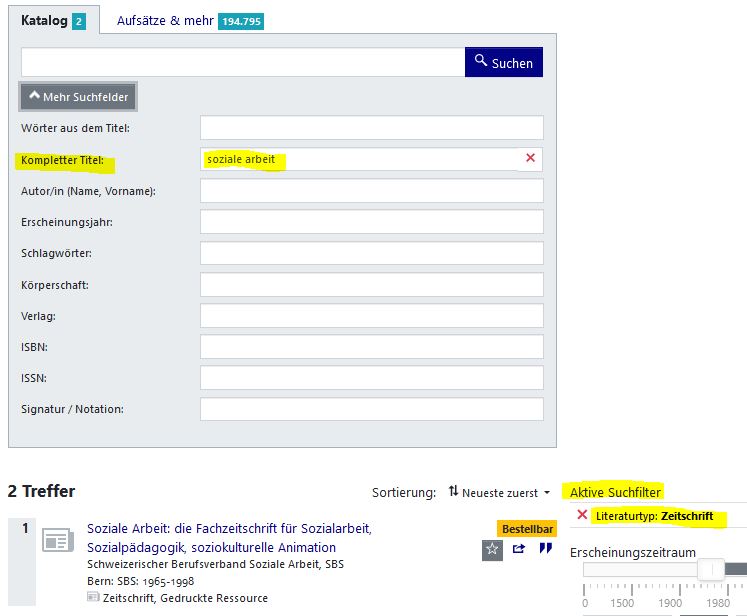 Beispielsuche - mehr Suchfelder - Kompletter Titel: "soziale Arbeit"