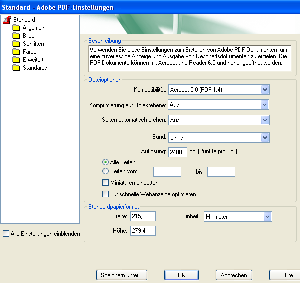 Screenshot PDF-Einstellungen: Allgemein Screenshot PDF-Einstellungen: Allgemein