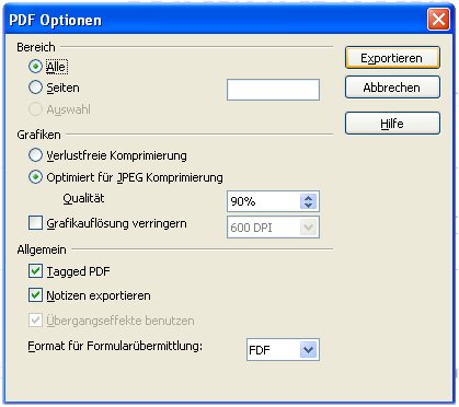 Screenshot PDF Optionen Screenshot PDF Optionen
