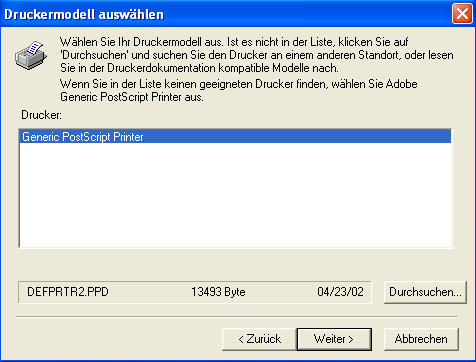 Screenshot Druckermodell auswählen Screenshot Druckermodell auswählen