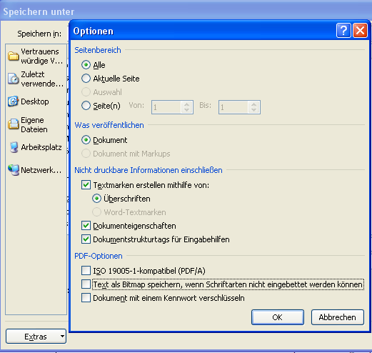 Screenshot Word: PDF-Optionen Screenshot Word: PDF-Optionen
